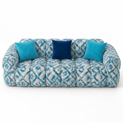 Image of FURNY Luxury Nimbus 3 Seater Bubble Cloud Sofa Set for Living Room | Tapestry Mosaic Fabric Upholstered | Modern Cushioned Comfortable Couch for Home Office & Drawing Room | Lagoon Blue
