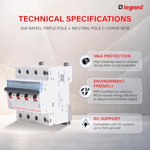Image of Legrand DX 6A TPN MCB C Curve 10kA | 3-Phase + Neutral Miniature Circuit Breaker | ISI Marked IS /IEC 60898-1 | Overload & Short Circuit Protection for Residence, Industrial & Commercial Use