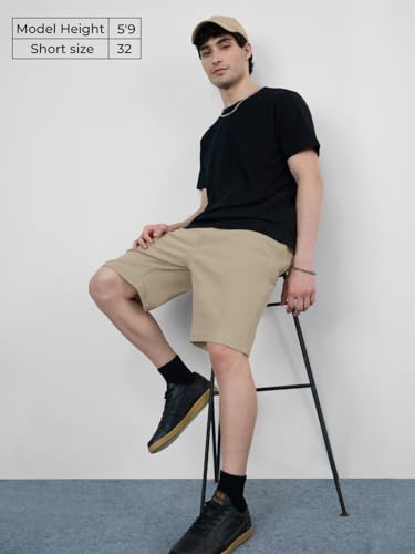 Image of The Souled Store Denim Shorts: Creamy Beige Men and Boys Button Regular Fit Knee Length Cotton Denim Shorts
