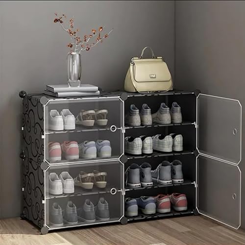 Image of Zemic DIY Portable Shoe Rack for Home Plastic Shelves Household, Shelf Shoe Rack with Dustproof Door for Heels /Slippers /Boots for Entryway or Bedroom (Black, 8-Shelf-4-Door)