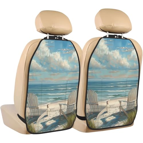 JTNWEC Beach Scene with Chairs Print Car Seat Kick Mats with Organisers 2 Pack Backseat Protector Seat Covers for Your Car, SUV, or Truck