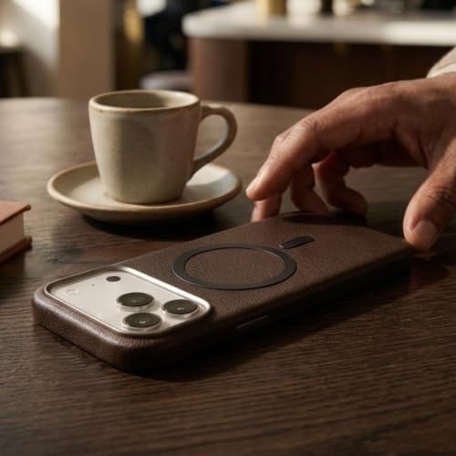 Image of Premium Vegan Soft Leather Magnetic Case for iPhone 17 Pro (6.3 Inch), Dark Brown Slim Shockproof Anti Fingerprint Matte Finish, Scratch Resistant Surface, Raised Camera Protection, Anti Slip Grip