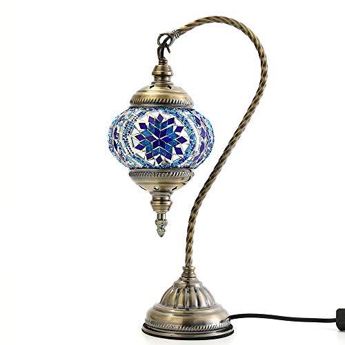 Carkiien Turkish Mosaic Table Lamp for Living Room Glass Bedside Lamp Blue Swan Neck, Led Bulb Included (Blue)