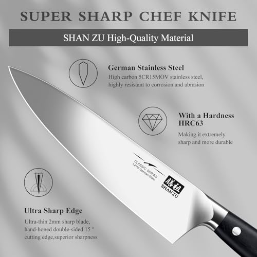 SHAN ZU Coltello da Chef Giapponese Coltelli da Cucina 20 cm, Professionali Coltello Ultra Affilato Acciaio Inossidabile Tedesco, Coltello Multiuso per Cucina Domestica e Ristorante - immagine 5