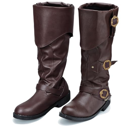 Image of Cuffbow Halloween Pirate Costume Boots for Men Medieval Renaissance Steampunk Cosplay Boots Gothic Adult Button Leather Shoes