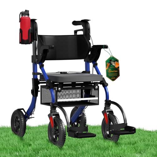 BeneCane Andador plegable 2 en 1, silla de ruedas para personas mayores y adultos, estable, ligero y ajustable en altura con asiento y grandes ruedas antideslizantes para hombres y mujeres, andador