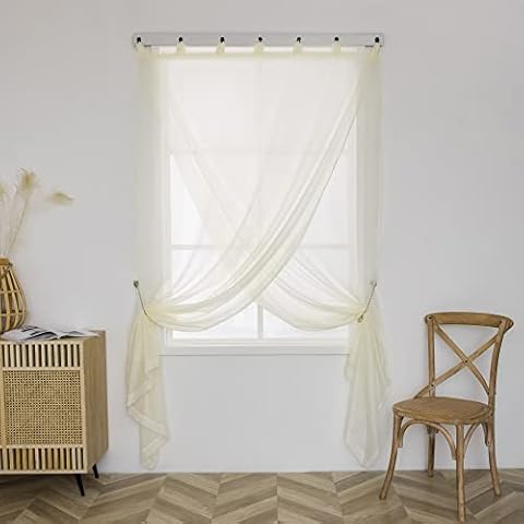 MUMFAS Beige Tab Top Sheer Curtains 84 inch Length, Soft Semi Sheer Window Treatments Privacy with Light Filtering Vertical Drapes for Bedroom/Living Room, W52 x L84, 2 Panels Cover