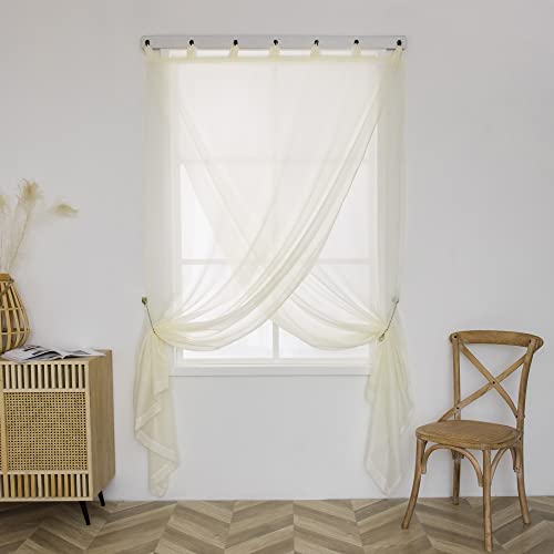 Mumfas Beige Semi Sheer Light Filtering Transparent Tab Top Lightweight Window Curtains Drapery Panels For Bedroom & Living Room, 2 Panels (52 X 63 Inch, Natural) #TOP1