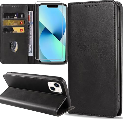 ZYIMOU Handyhülle für iPhone 13 Hülle mit Schutzfolie, Leder Schutzhülle Standfunktion Kartenfach Wallet Klapphülle iPho...