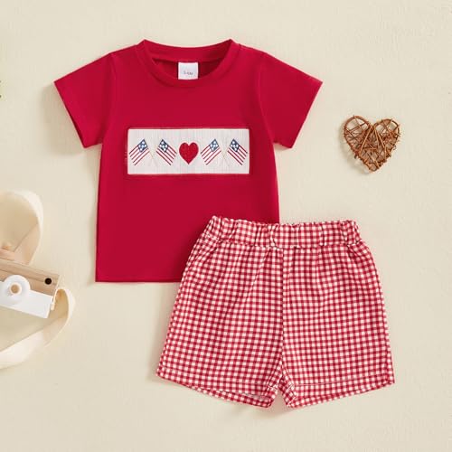 Image of 4th Of July Toddler Boy Outfit Popsicle American Flag T-Shirt and Gingham Plaid Shorts Set Independence Day Clothes