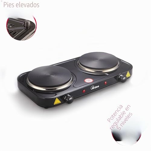 Miniatura 2 de Ardes Hornillo Eléctrico Para Cocinar, De 2000w En Acero Pintado Para Camping Y Cocina Con 2 Placas De Fundición Diámetro 15,5 Cm Y 2 Termostatos Modelo Tikappa Ar1f21 Negro