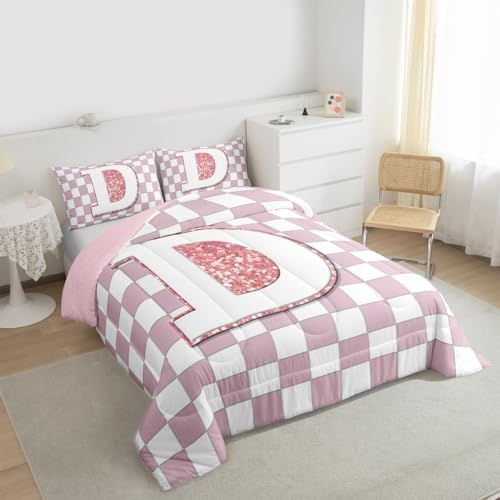 Image of Erosebridal Pink Initial D Kids Comforter Sets Kawaii Plaid Checkered King Bedding Set for Girls Teen Women Cute Personalized Monogram Comforter Set,Fashion Grids Gingham Quilt Duvet 3 Pcs