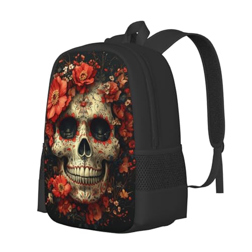 Image of Floral Skull Print Backpack For Men Women Lightweight Daypack For Daily Commutes Business Travel Hiking