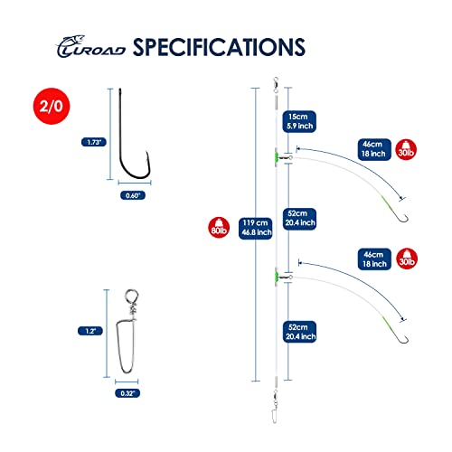 Luroad 5 Stück Angelhaken für Meeresangeln, Flapper-Rigs für Meeresangeln, Strandwerfen, Uferfischen, Flunder, Whiting, Barsch, Scholle (B. 5 Stück - 2 Haken - Größe 2/0-52cm)