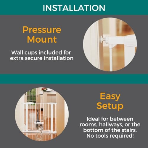 MYPET EasyPass Wide Walk Thru Pet Gate for Dogs and Cats: 29.75-37.5" Wide with Adjustable Pass-Thru Pet Door, Pressure Mounted, No Tools Needed, 30" Tall, White Metal by MYPET - Image 3