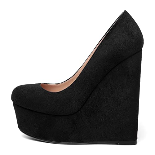 WAYDERNS Womens Platform Solid Suede Round Toe Party Slip On Fashion Wedge High Heel Pumps Shoes 6 Inch2