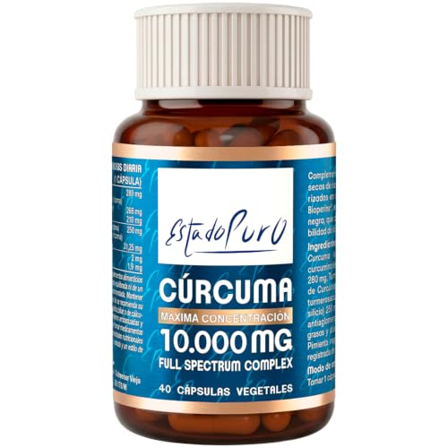 Cúrcuma Estado Puro 10000mg | 40 Cápsulas | Cúrcuma con Pimienta Negra de Máxima Concentración y Absorción | Antinflamatorio Natural | Tongil