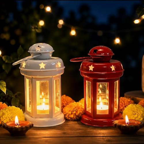 Image of Mini Metal Tea Light Lantern Set of 1 Candle Holder Home Decor | Perfect for Living Room, Bedroom, Pooja Space, Festive Decor, Weddings, Housewarming & Gifting Ideal for Diwali, Wedding - White & Red