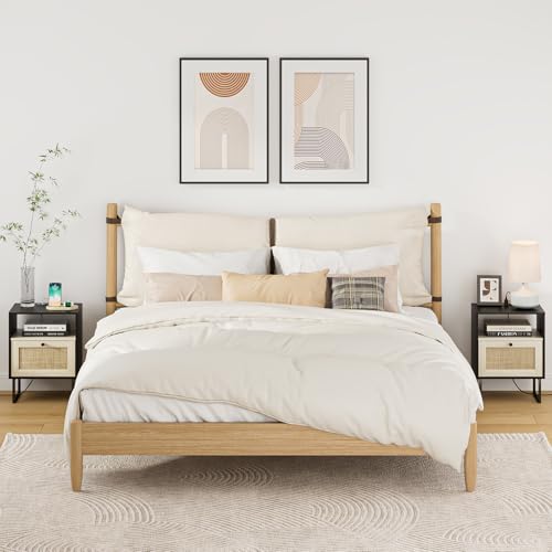 Image of Rattan Nightstand with Charging Station, Boho Night Stand Farmhouse Wood Bedside Table with Storage and Open Shelf, End Side Accent Table for Bedroom,Living Room,Black and Oak