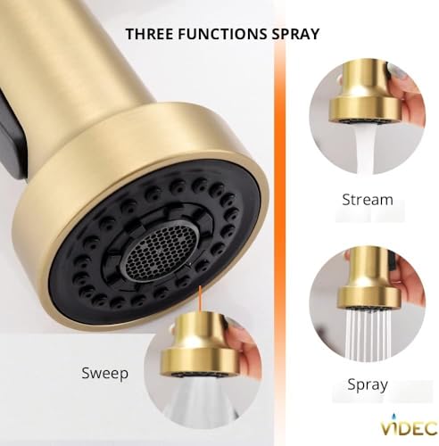 VIDEC Touch On Kitchen Faucet, 3 Modes Pull Down Sprayer, Touch On Sensor Activated, Ceramic Valve, 360-Degree Rotation, 1 or 3 Hole Deck Plate. 10-Year Warranty.(Brushed Gold, KW-62J) by VIDEC - Used condition - Image 3