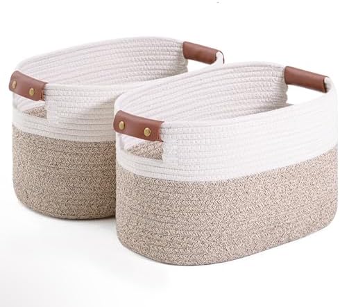 Woven Cotton Rope Storage Basket,Decorative Woven Basket,Decorative Baskets with Detachable Leather Handles for Closet Storage,Woven Baskets For Toy,Blanket, Book Storage(1 pack,White)