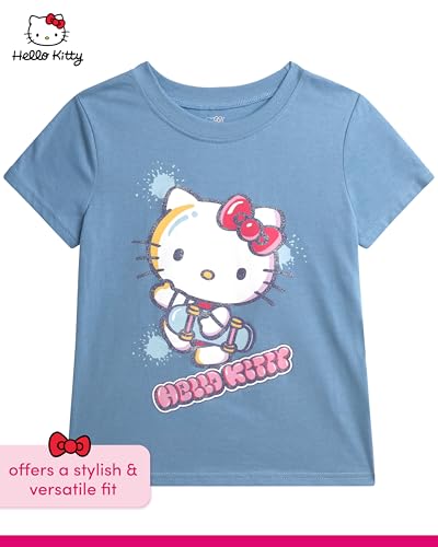 Image of Hello Kitty Girls Shirts - 2 Pack Cotton Blend Short Sleeve Tops - Crewneck Cute Graphic Girls Tee Shirt Pack Blue /White Stripes