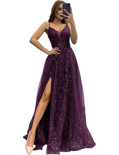 Infuness Damen Tüll Spaghettiträger Abendkleider Lange Glitzer Starry Brautjungfernkleid V-Ausschnitt Partyballkleider mit Schlitz