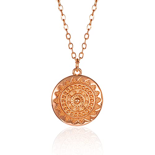Zavana Round Disc Mandala Necklace, Rose gold Necklace with Rose Gold Disc Mandala Pendant. Dainty Necklace with Shiny Mandala Pendant for Women and teenage girls. Quality Fashion jewellery for women.