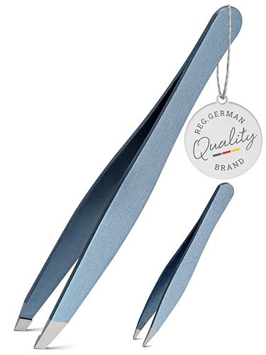 TITANIA® Juego de pinzas de precisión de acero inoxidable con punta oblicua + pinzas puntiagudas, pinzas de precisión de acero inoxidable para cejas, vello encarnado y astillas, color azul