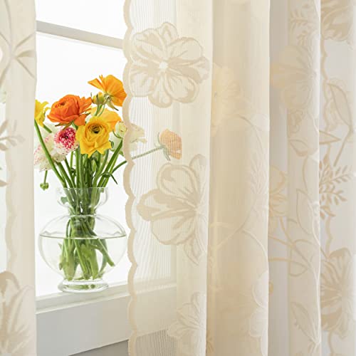 Semi-Sheer Beige Lace Curtains for Bedroom 90 inch Long Country Chic Rose Floral Embroidered Sheer Curtain Panels for Living-Room Leaf Window Drapes with Scalloped Edge 52"w 1 Pair Pencil Pleat - Image 3