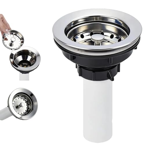 Kitchen Sink Drain Assembly Basket Strainer with Knob 3-1/2 Inch Sink Drain Stopper Plug Threaded Plastic Sink Strainer Tailpiece 1-1/2 in