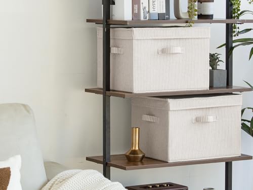 Image of StorageWorks Fabric Storage Bins with Lid, Decorative Storage Boxes for Shelves, Stackable Closet Organizer Basket with Handles, Jumbo, Khaki and Beige Stripes, 2-Pack