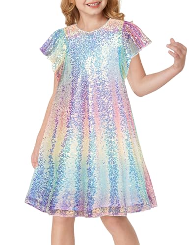 GRACE KARIN Girls Sequin Dress Short Flutter Sleeve Flare Silhouette Midi Dress with Hairbow 5-12Y