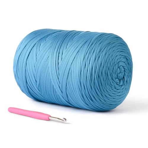Image of (800g /228yds) T Shirt Yarn, Soft Tshirt Crochet Yarn for Crafts and DIY Knitting Crocheting Cloth /Bag /Basket /Coaster, 100% Polyeste Elastic Fabric Chunky Thick Yarns for Crocheting (Lake Blue)