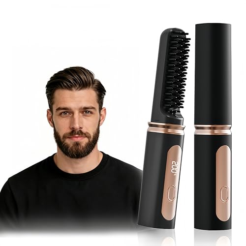 DL&3UP Cordless Beard Straightener for Men 30s Fast Heating Ceramic Straightening Brush 4 Temperature Anti-Scald Auto Shut-Off Portable for Travel