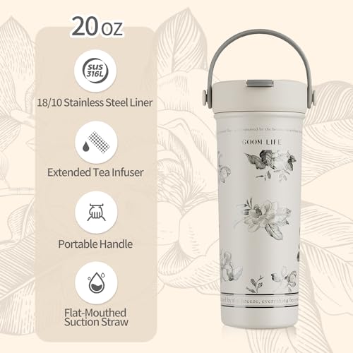 GOOM 20 oz Spill Proof Tumbler with Lid and Straw, Top Handle, Extended Tea Infuser, 18/10 Stainless Steel, Insulated Hot & Cold Brew Gifts for Mom Women Her, Teacher Gifts - Floral White