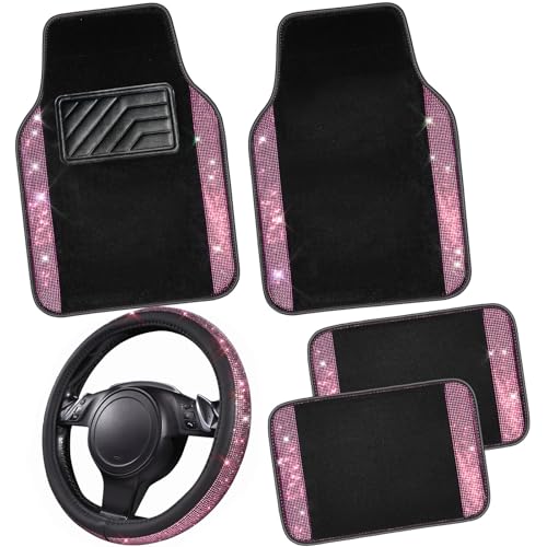 CAR PASS Bling Diamond Leather Steering Wheel Cover 14.5in-15in Floor Mats Shining Rhinestone Carpet Sparkly Glitter Crystal Anti-Slip Pad Fit Automotive SUV Pickup Truck Girl Women 5pcs Black Pink