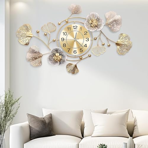 Reloj Pared Grande,Diseño de Hoja de Ginkgo de Metal Retro,Funciona con Pilas, Sin Tic Tac,para Sala de Estar, Dormitorio,Reloj de Pared Decorativo,con Tres Tipos de Ganchos (Café Retro, 82x48cm)