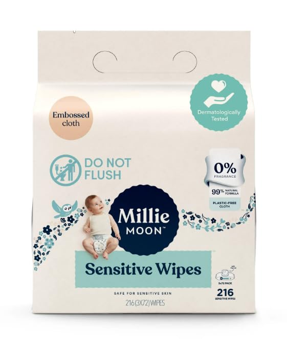 Millie Moon Sensitive Toallitas para bebé, 216 unidades, sin plástico, fórmula 99% natural, hipoalergénicas