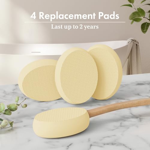 Image of AmazerBath Lotion Applicator for Back, Feet, 4 Replacement Pads with 17 inch Curved Handle, Back Sunscreen Applicator for Kids, Elderly, Apply Skin Cream Medicine Moisturizer Tanner, Light Beige Yellow