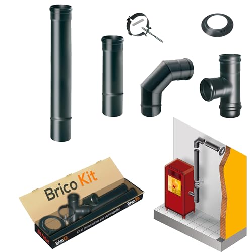 Canna Fumaria Kit Tubi Stufa a Pellet DN 80, Canale da Fumo con Elementi Componibili Rigidi in Acciaio al Ferritico, Nero Opaco, Spessore Minimo 8/10mm, Conforme Standard Marcatura CE | Brico Kit