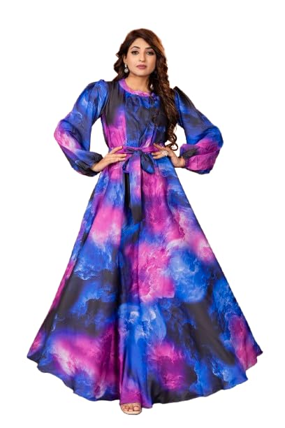 Multi-Color Nida Fabric no Transparency Gathering Pattern Abstract Print Gown Bishop Sleeves with Elastic Cuffs with Belt Back Zip Opening Gown-image-40