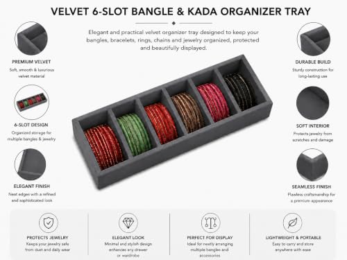 Image of La Trove 6 Slot Velvet Bangle Organizer Tray for Kada & Bracelets, Grey | Soft lined sections hold bangles, kada, bracelets & rings; keeps accessories sorted in drawer, wardrobe & dressing table