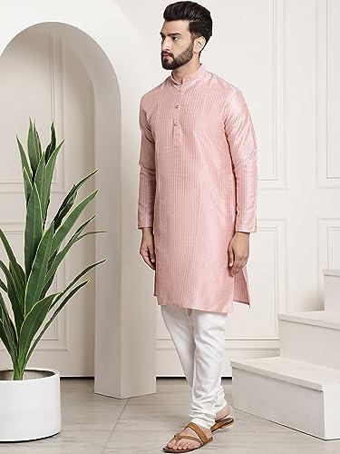 Sojanya (Since 1958 Men'S Silk Blend Pink Pintex Kurta And White Churidar Pyjama Set3