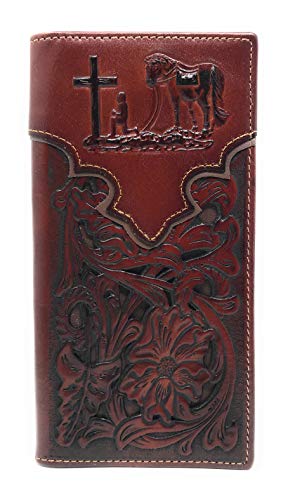 Western Genuine Leather Praying Cowboy Tooled Laser Cut Men's Long Bifold Wallet in 10 colors (Brown/Coffee)