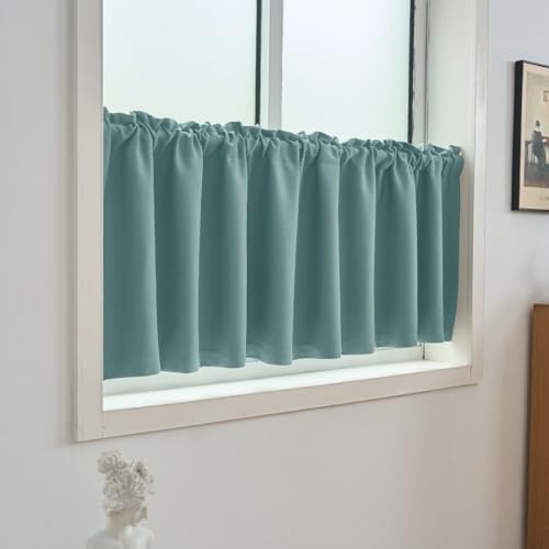 唐土工房 カフェカーテン 30cm丈 幅170cm 遮光 カフェカーテン 小窓用 断熱 遮熱 高密度布 目隠し UVカット 防寒 保温 防音 省エネ 間仕切り 無地 厚手 窓飾り おしゃれ キッチン お風呂 トレイ 子供部屋 廊下 洗える 1枚 ブルー