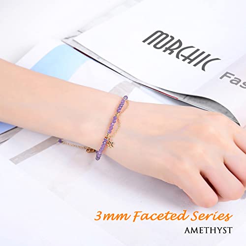 Morchic 3Mm Purple Amethyst Gemstone Faceted Beads Womens Strand Bracelet, Easy Adjustable 7-9 Inch Birthday Gift #TOP4