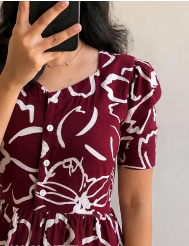 Image of Women's Rayon Printed Floral Gown Dress, Short Sleeve, Tiered Midi Dress