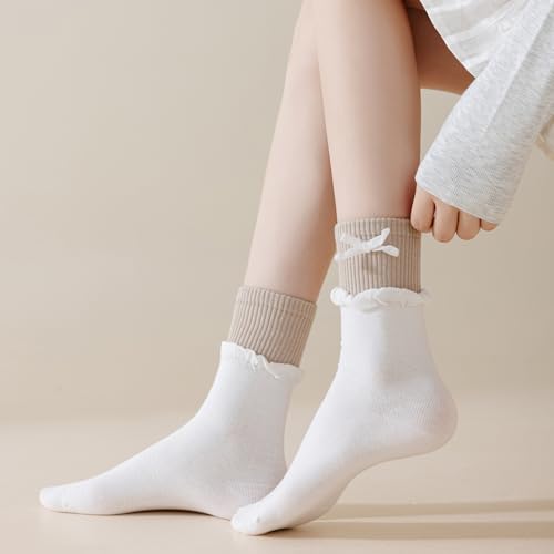 Image of Yomutiur Crew Socks for Women, Double Ribbed Sock Cuff with Cute Bow Sweet Cotton Rolled Socks Odor-resistant
