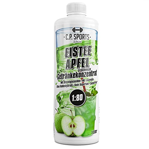 C.P. Sports Konzentrat zuckerfrei 1:80 (ca. 80 Liter Fertiggetränk) + Dosierpumpe – Getränkekonzentrat Getränkesirup Fitness Sport Getränk – L-Carnitin & Vitamine – 1 Liter Eistee-Apfel
